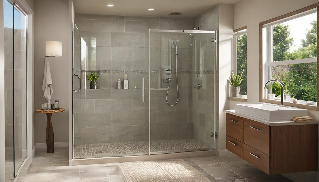 A freshly remodeled walk-in shower in a bright bathroom in a Houston home