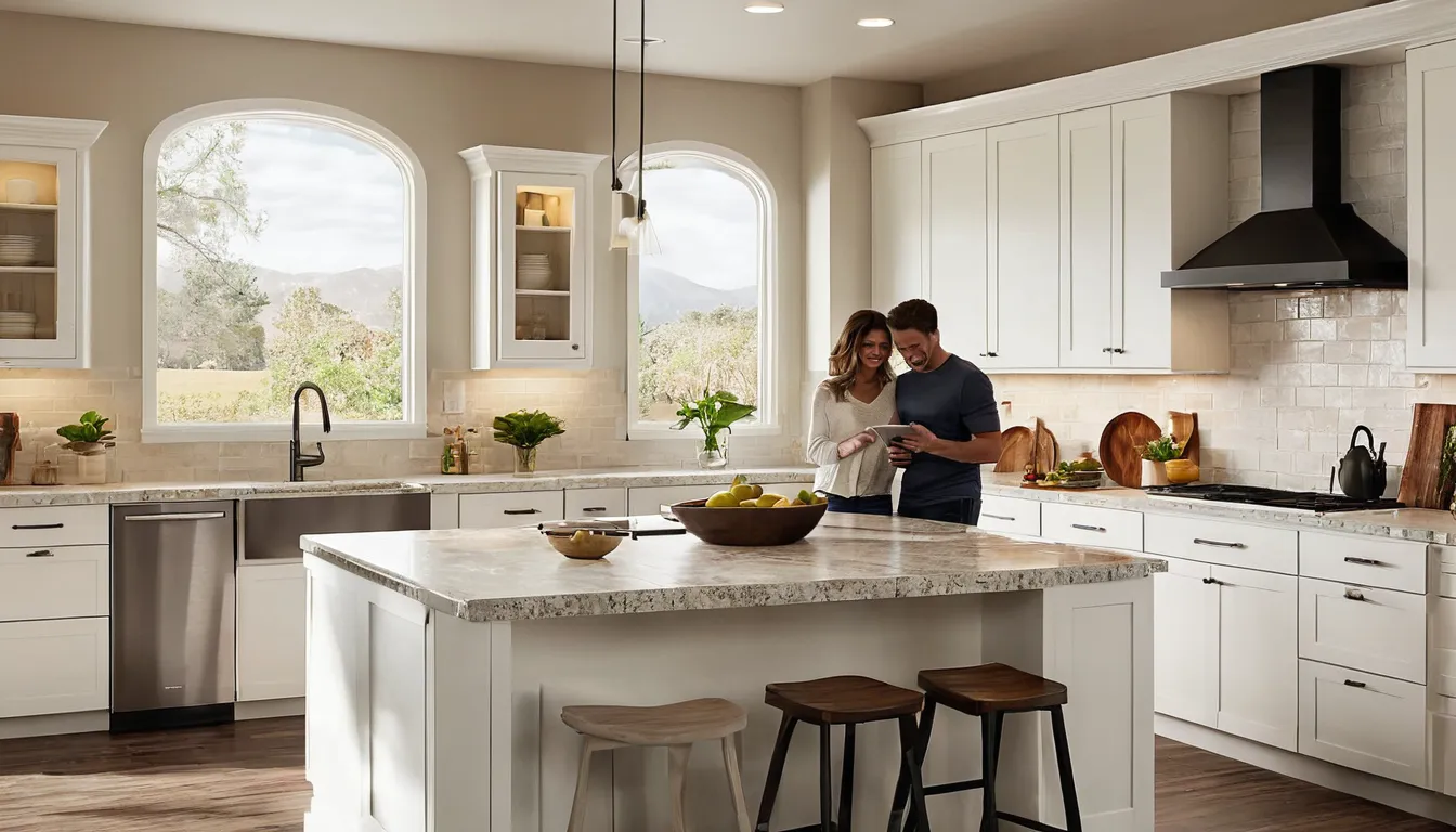 A bright, newly remodeled family kitchen in a Houston home with an island and warm light